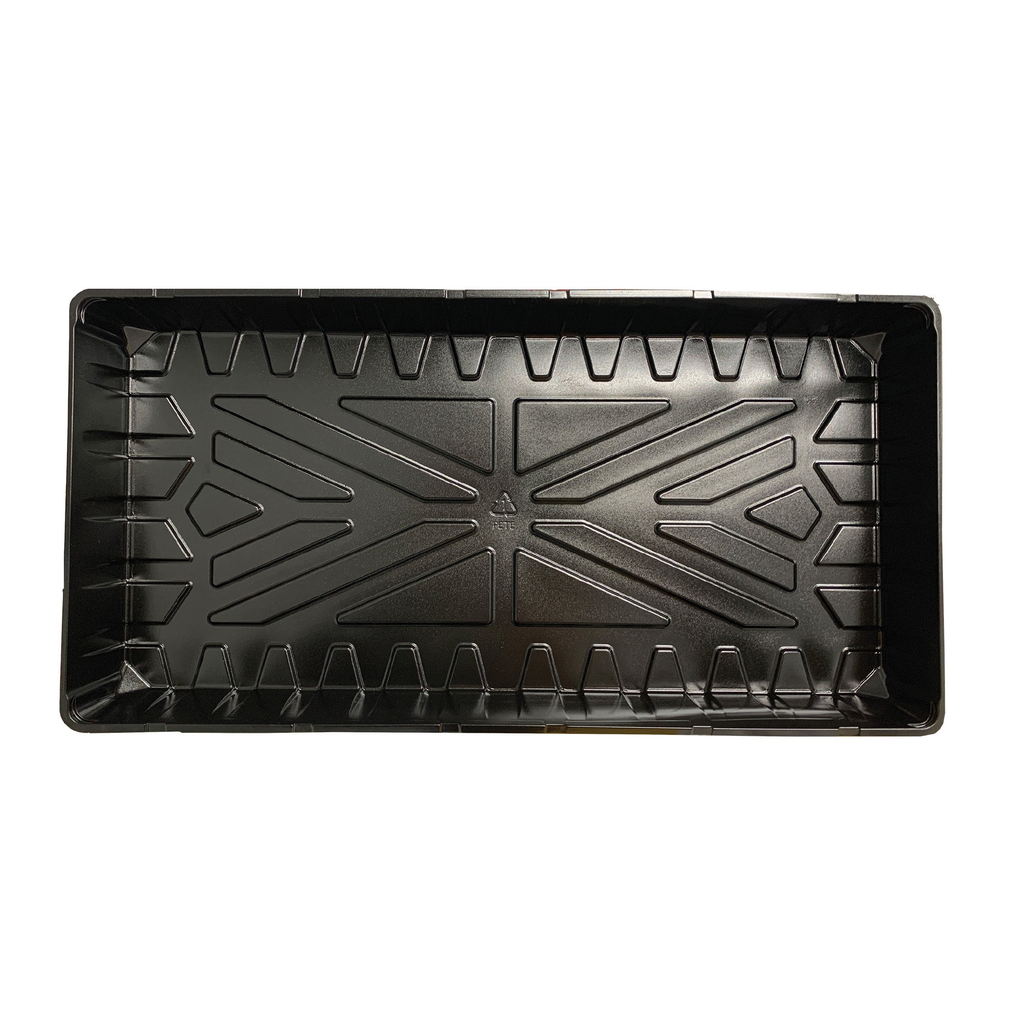 A black watertight plastic plant tray with a geometric pattern, designed for seed starting.